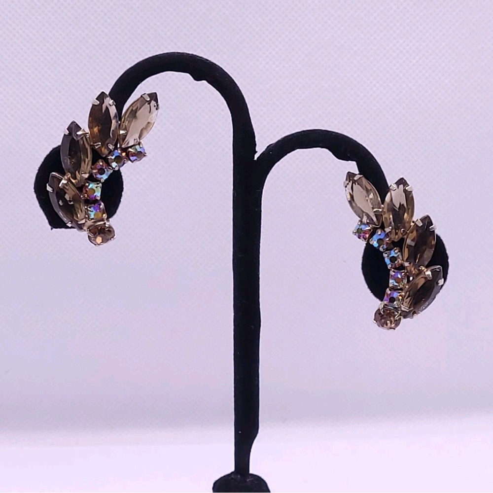 Juliana D&E Vintage Smoky Topaz Navette AB Rhinestone Clip-On Earrings